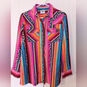 Crazy Train Vibrant Multi-Color Western Cowgirl, Aztec Striped Button-Up Shirt L
